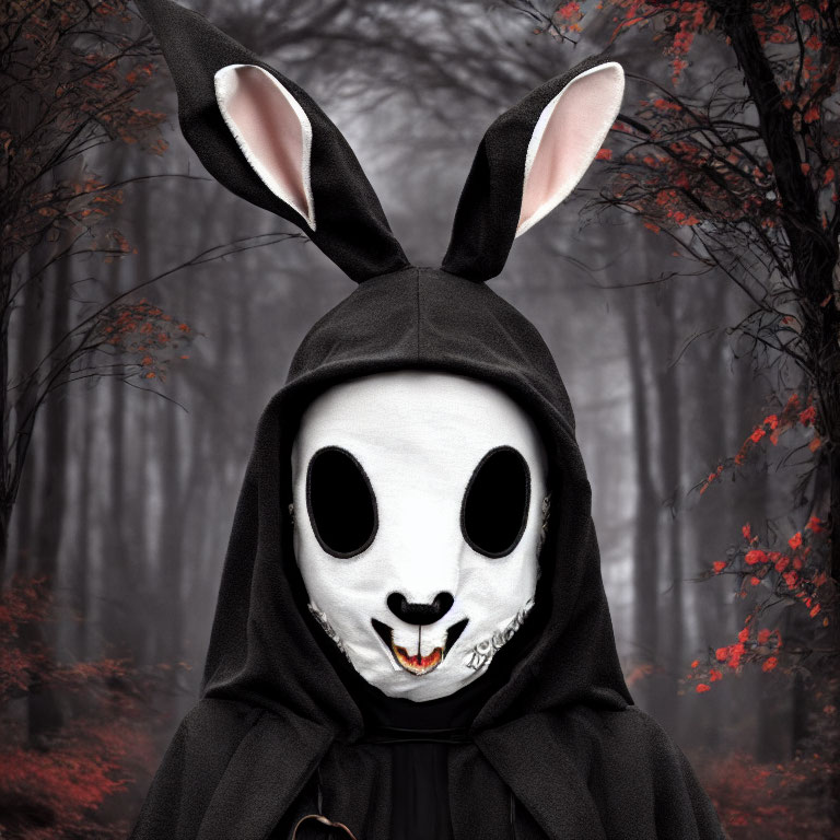 Spooky rabbit costume in misty forest with red trees