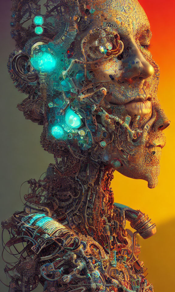 Detailed futuristic humanoid robot portrait with glowing blue lights on warm background
