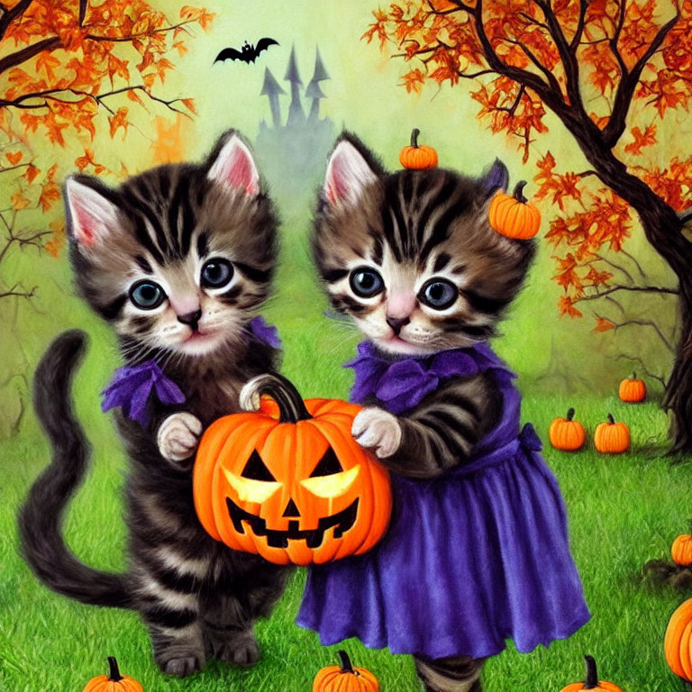 Two kittens with jack-o'-lantern in purple outfits amid spooky Halloween scene