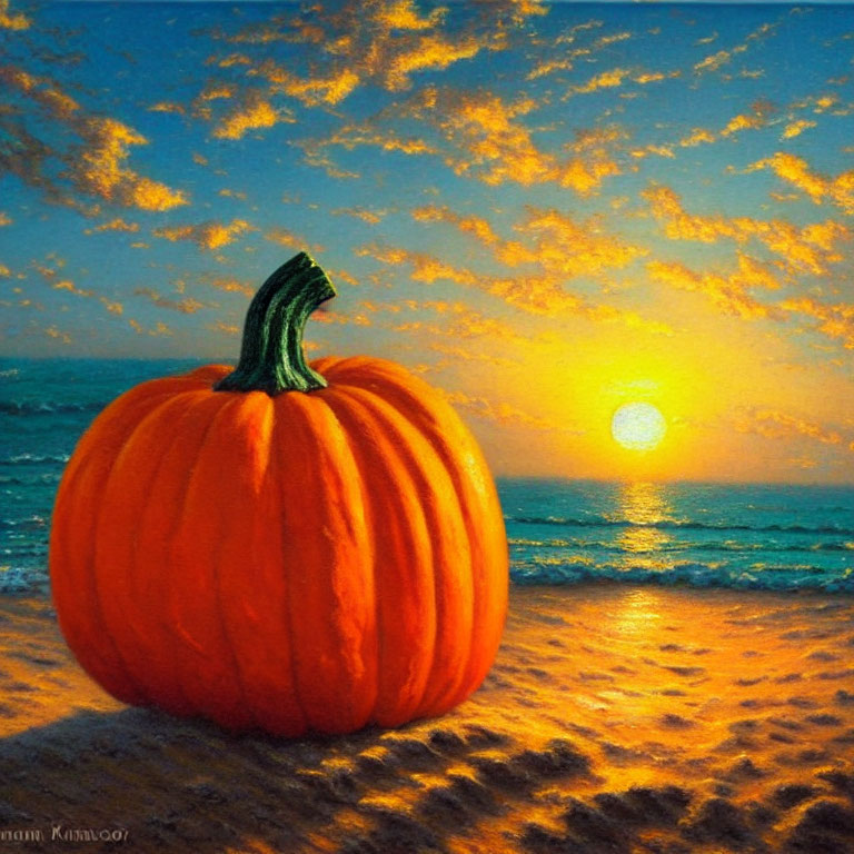 Large Pumpkin on Sandy Beach at Serene Sunset with Orange Clouds