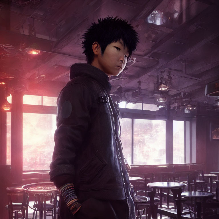Young person with spiky hair in dark clothing in dimly lit bar