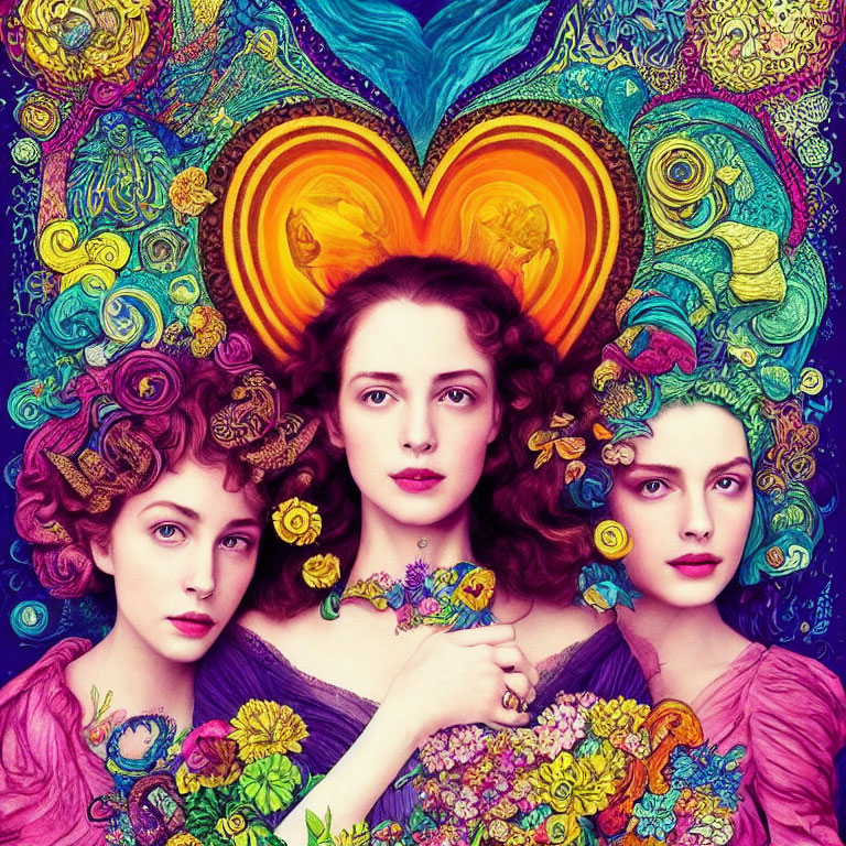 Colorful Illustration of Three Women with Floral Elements and Heart Motif
