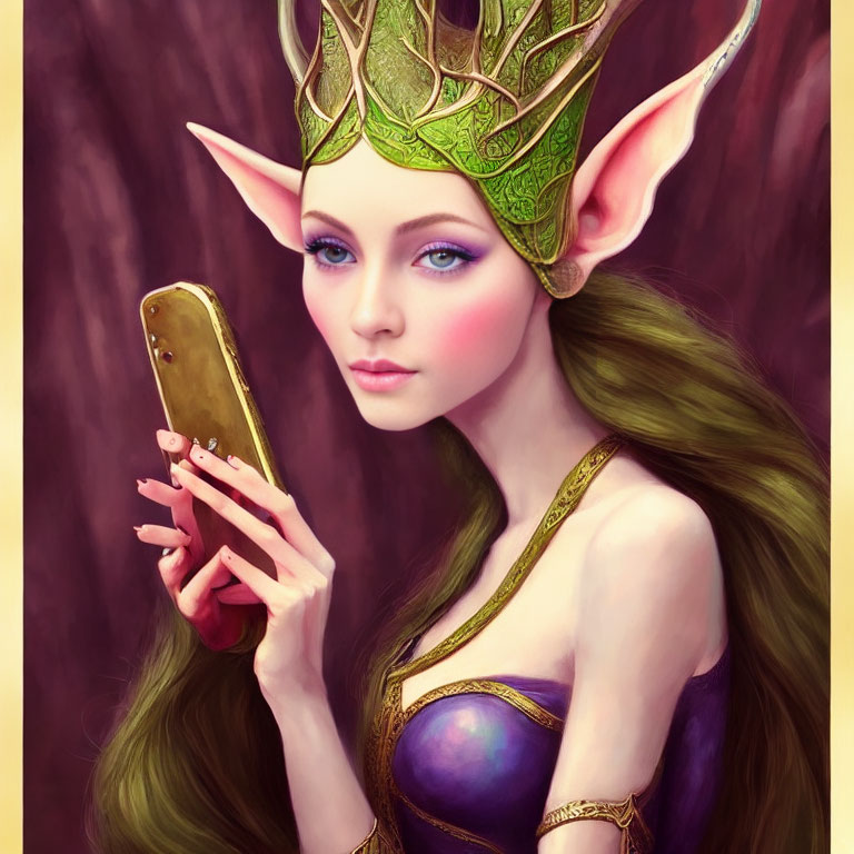 Elf with sharp ears in green crown on smartphone, long hair, purple outfit, maroon background