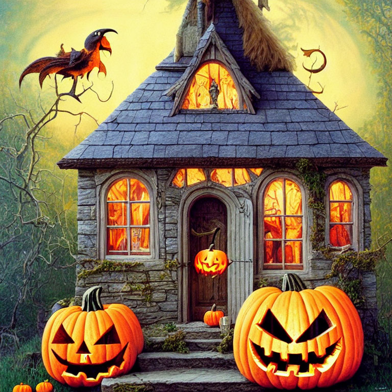 Spooky Halloween-themed image: Stone house, jack-o'-lanterns, crow, full moon