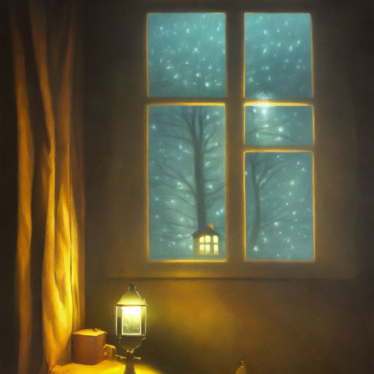 Warmly lit indoor scene with lamp, curtain, and snowy twilight landscape view.