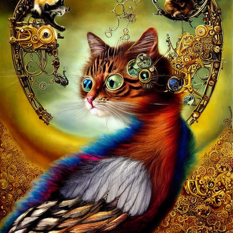 Vibrantly colored cat with steampunk-style goggles in golden mechanical setting