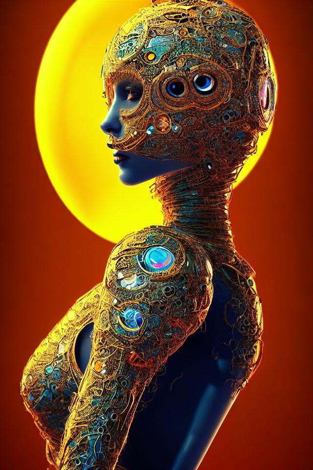 Intricate robotic figure with ornate design on orange backdrop.