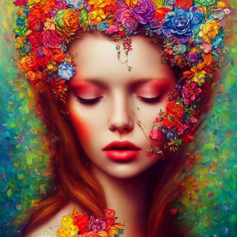 Portrait of a woman with closed eyes in floral crown against colorful backdrop