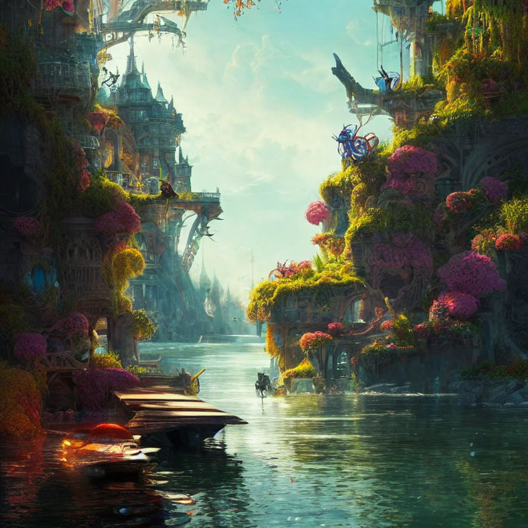 Mystical river scene with lush flora and vivid colors