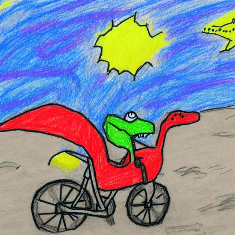 Colorful Crayon Drawing: Green Dinosaur on Red Tricycle under Blue Sky