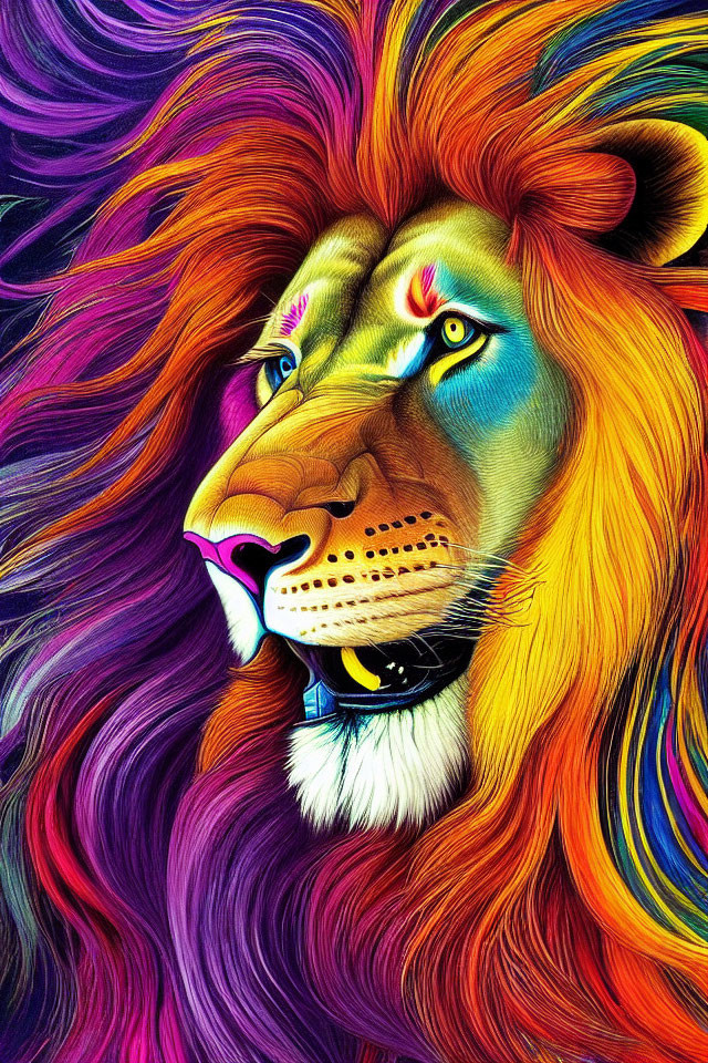 Colorful Rainbow Lion Illustration with Flowing Mane and Detailed Line Work