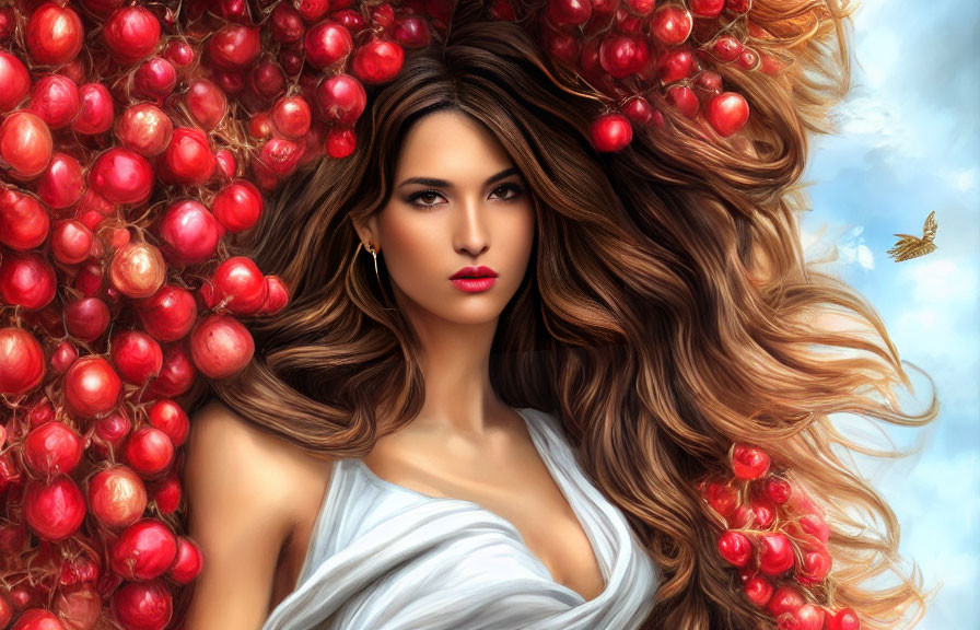 Woman with flowing hair and red lips, surrounded by grapes, blue sky, and butterfly