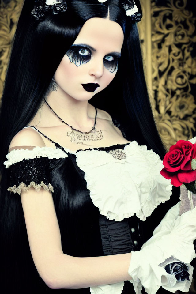 Gothic fashion woman with black hair, corset, and red rose against patterned backdrop
