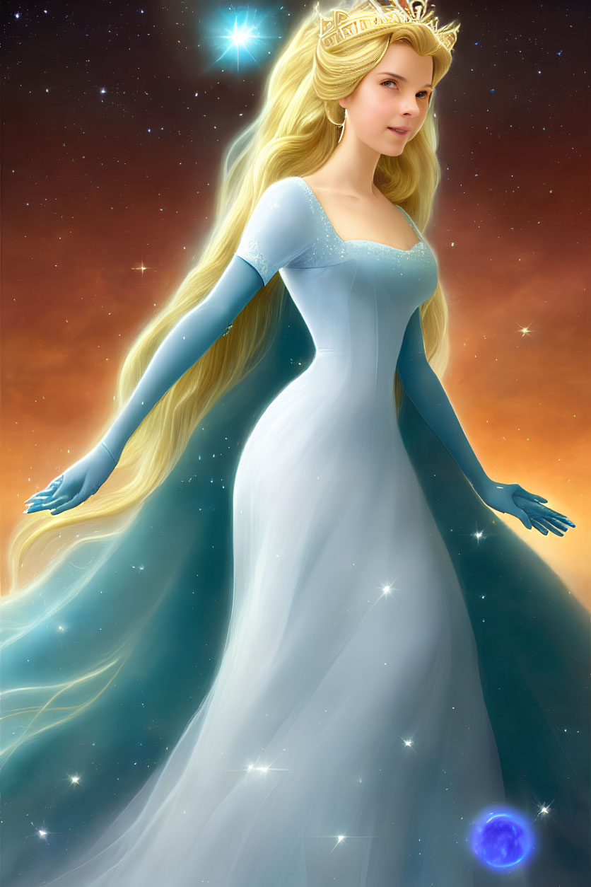Fairytale princess in shimmering blue gown and golden tiara against starry sky.