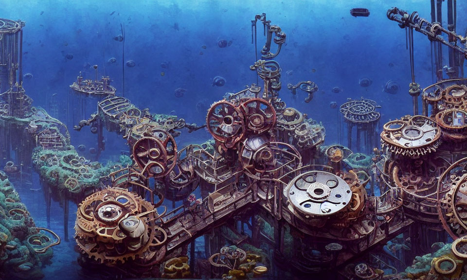 Intricate steampunk city in deep blue underwater setting