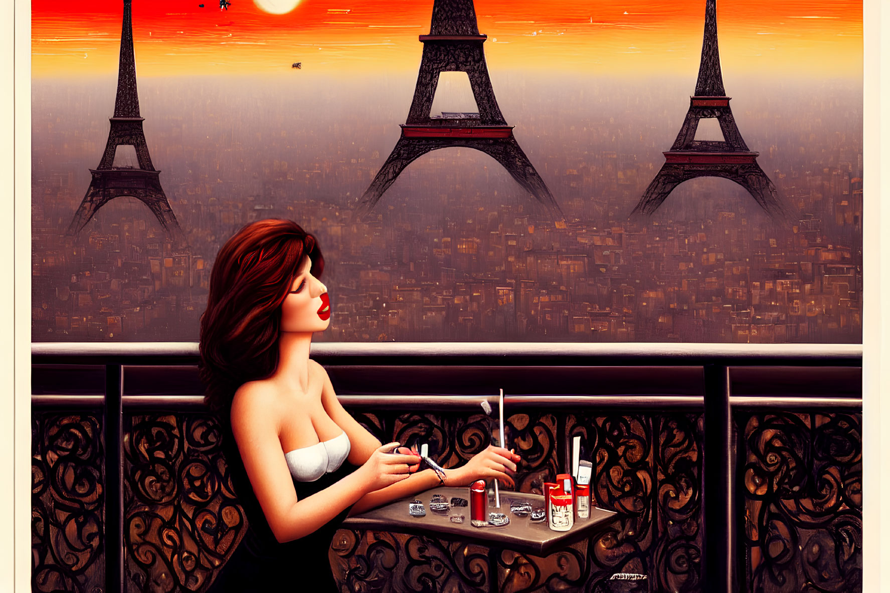 Illustration of woman at table with nail polish, surreal Paris sunset backdrop.
