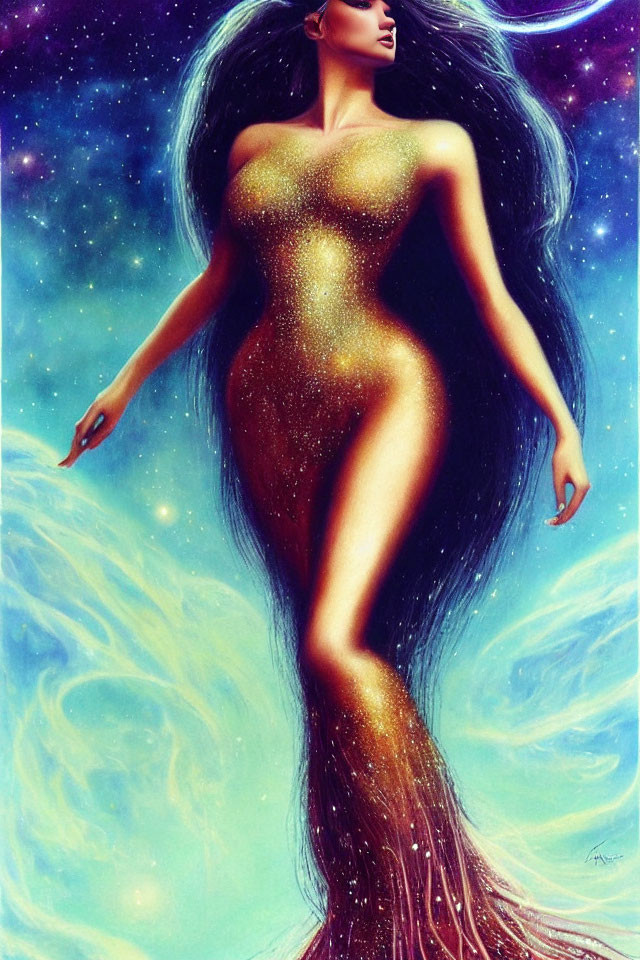 Illustration of female figure merging with starry space backdrop