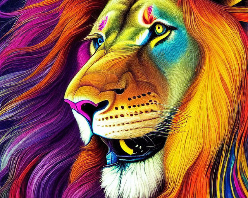 Colorful Rainbow Lion Illustration with Flowing Mane and Detailed Line Work