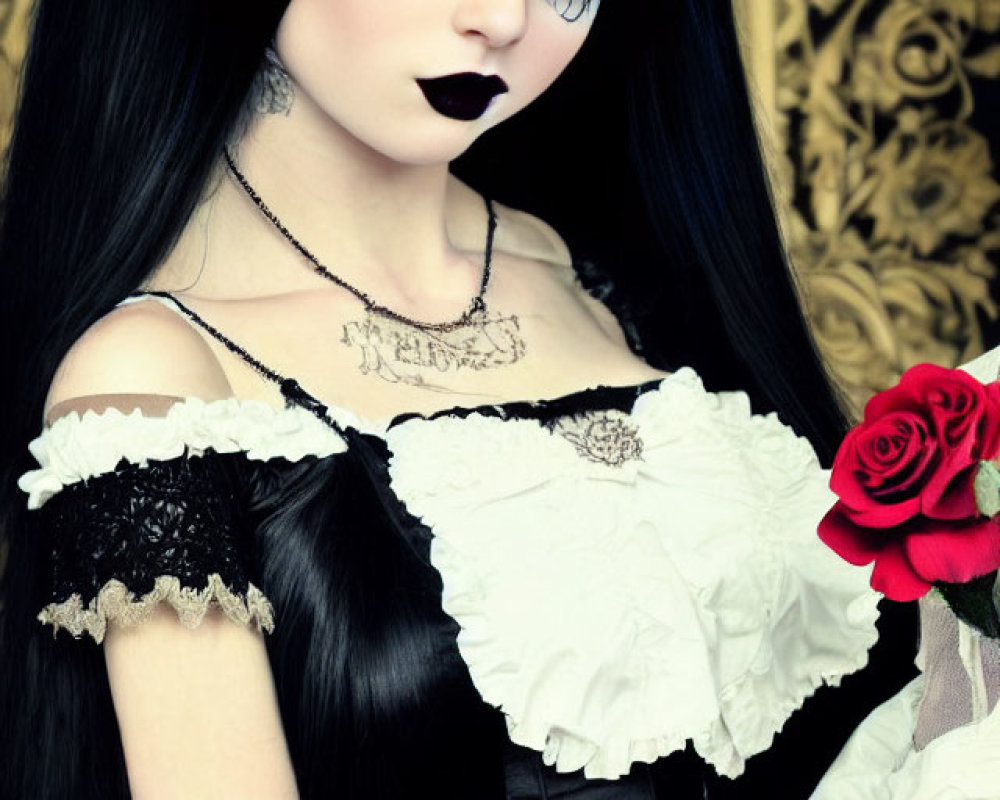 Gothic fashion woman with black hair, corset, and red rose against patterned backdrop