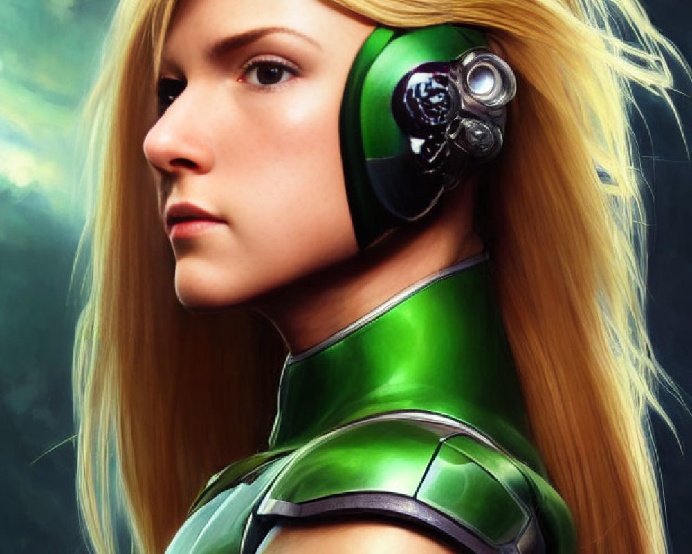 Blonde woman with green futuristic helmet illustration
