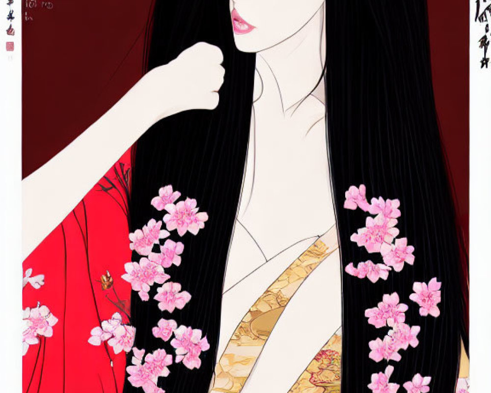 Graceful woman with black hair and cherry blossoms in red and gold attire on Asian calligraphy backdrop