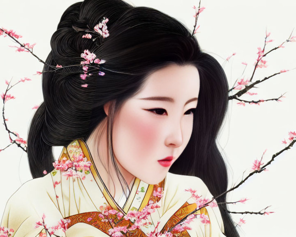 Digital artwork of woman in traditional East Asian attire with cherry blossoms