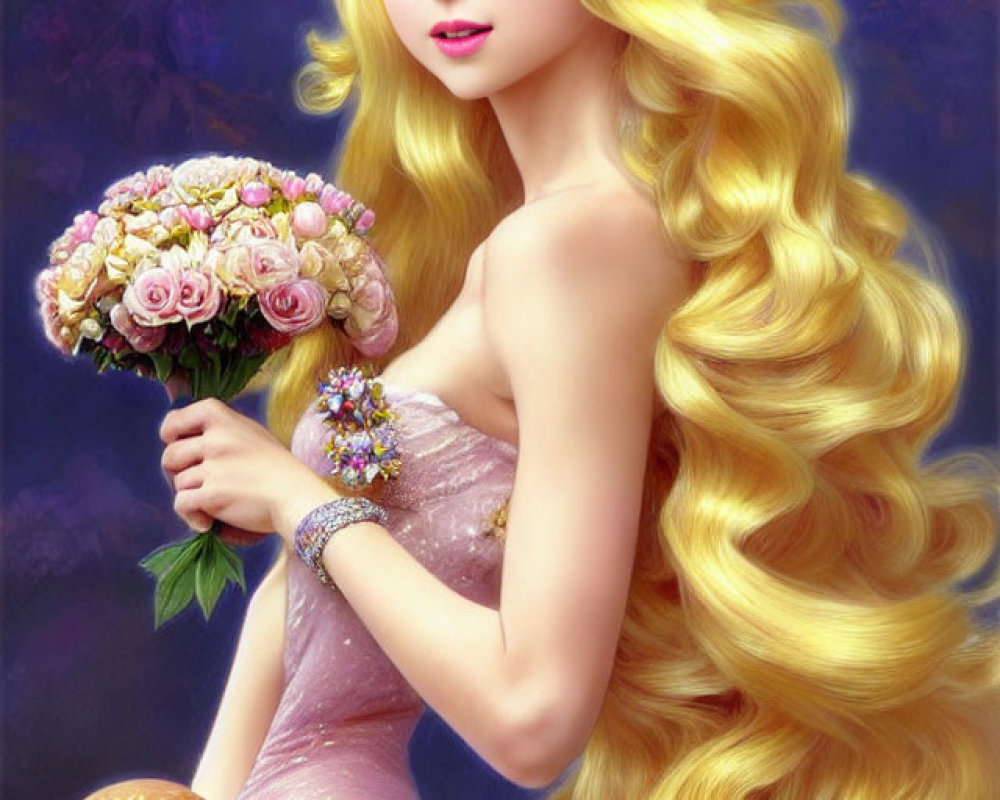 Blonde Princess in Pink Gown with Floral Crown on Purple Background
