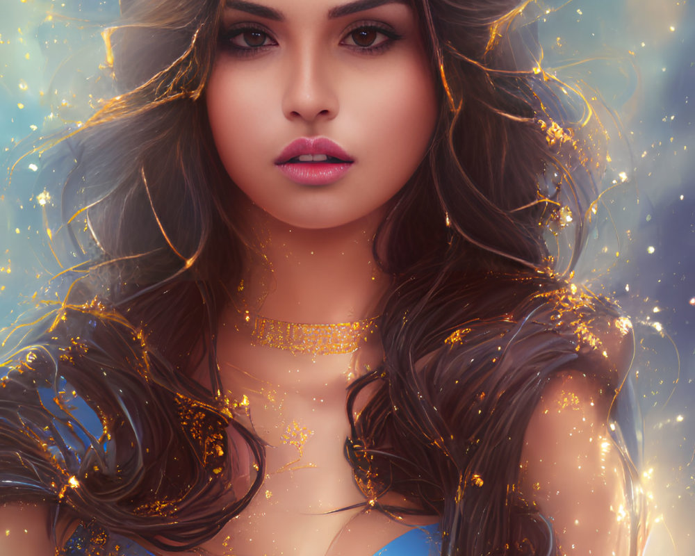 Digital portrait of woman with wavy hair, sparkling accents, blue top, starry backdrop