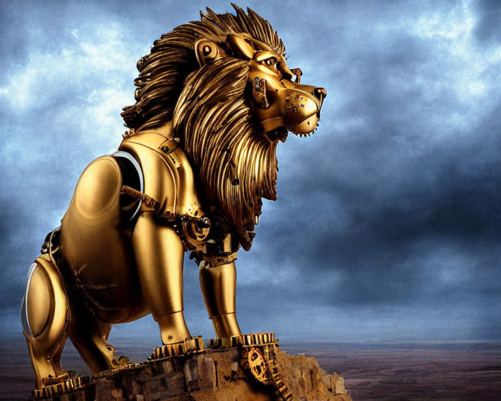 Golden Mechanical Lion on Rocky Cliff Under Stormy Sky