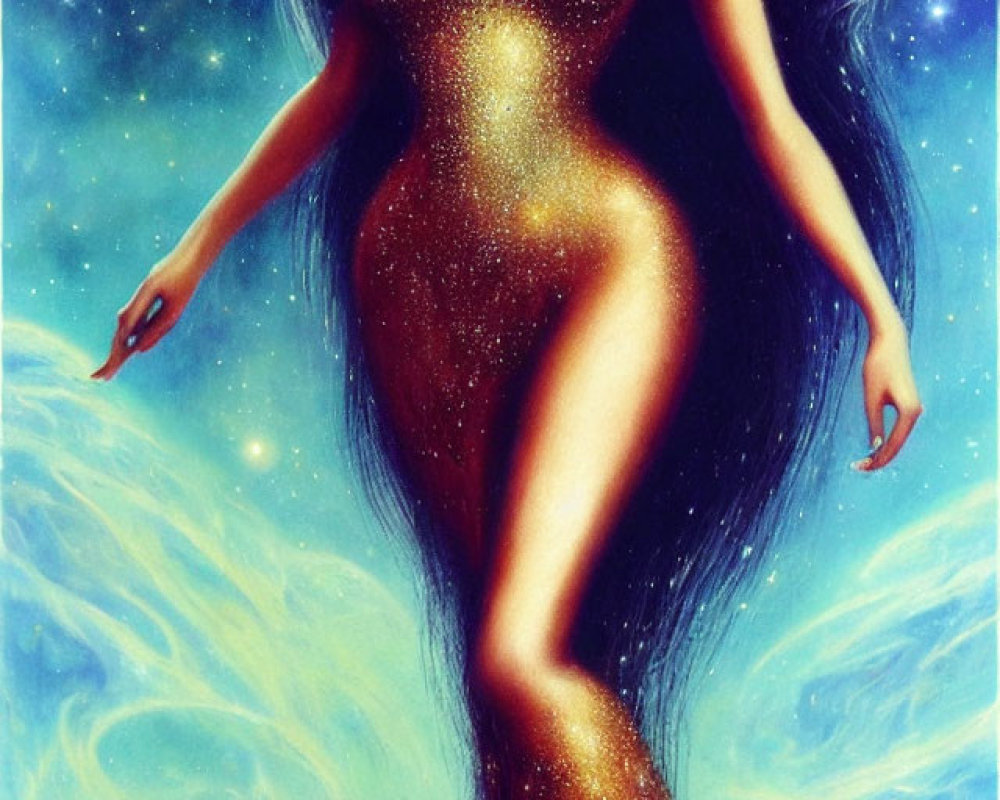 Illustration of female figure merging with starry space backdrop