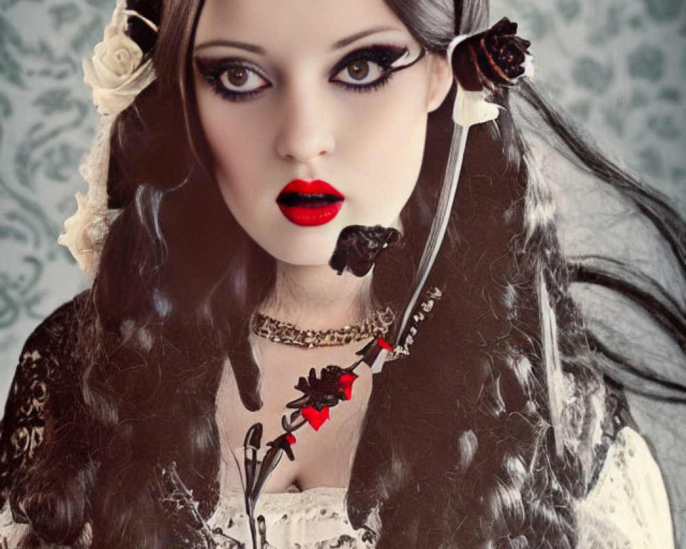 Gothic woman in lace dress with red lipstick and ornate headpiece