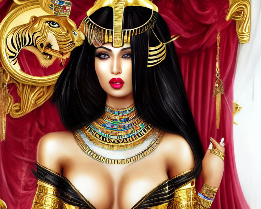 Stylized Egyptian queen with headdress and gold jewelry on red curtain backdrop