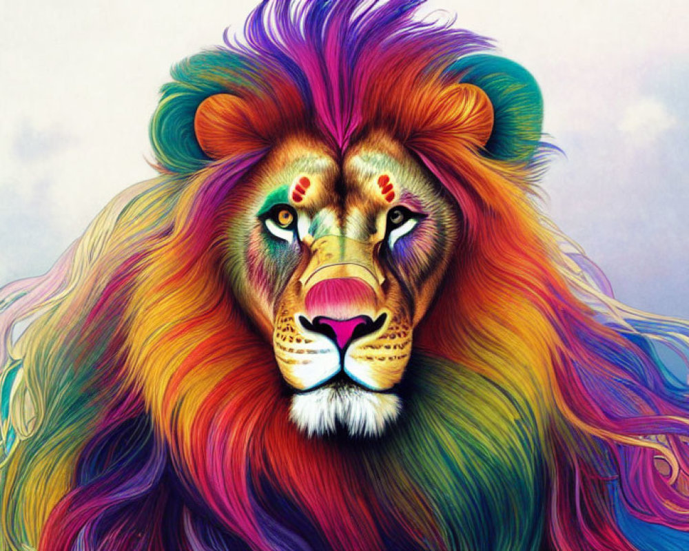 Colorful Lion Illustration with Rainbow Mane on Pastel Background