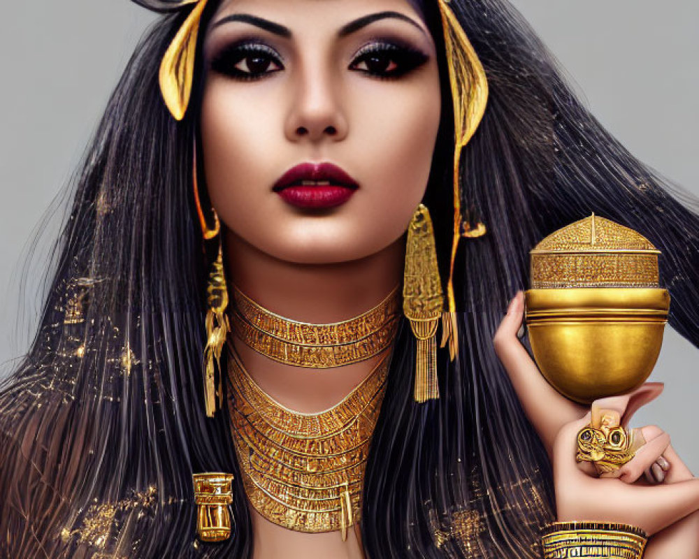 Digital Art: Ancient Egyptian Queen with Golden Headdress and Ankh
