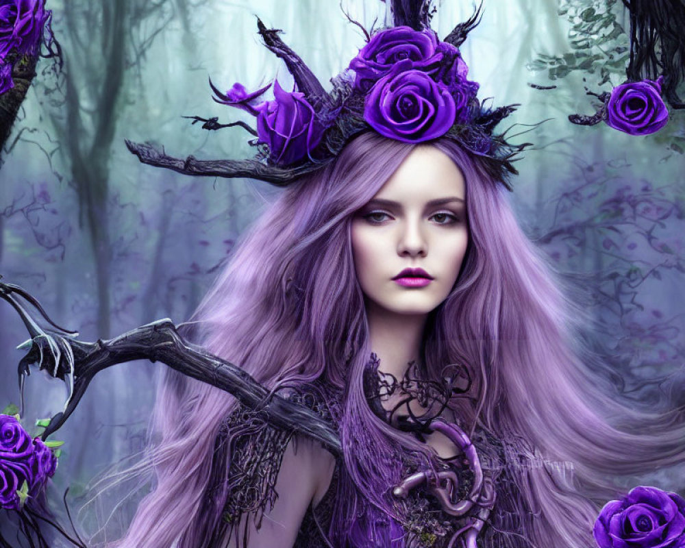 Woman with Purple Hair and Rose Crown in Mystical Forest