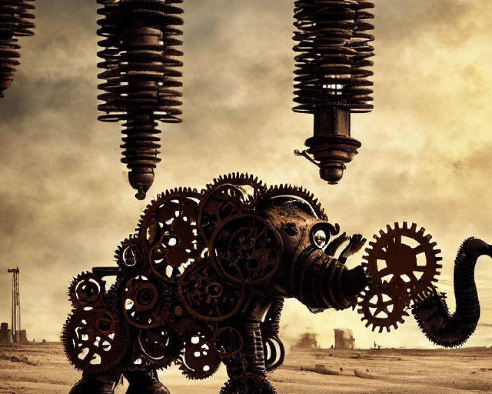 Steampunk mechanical elephant in desert landscape with towering screw structures