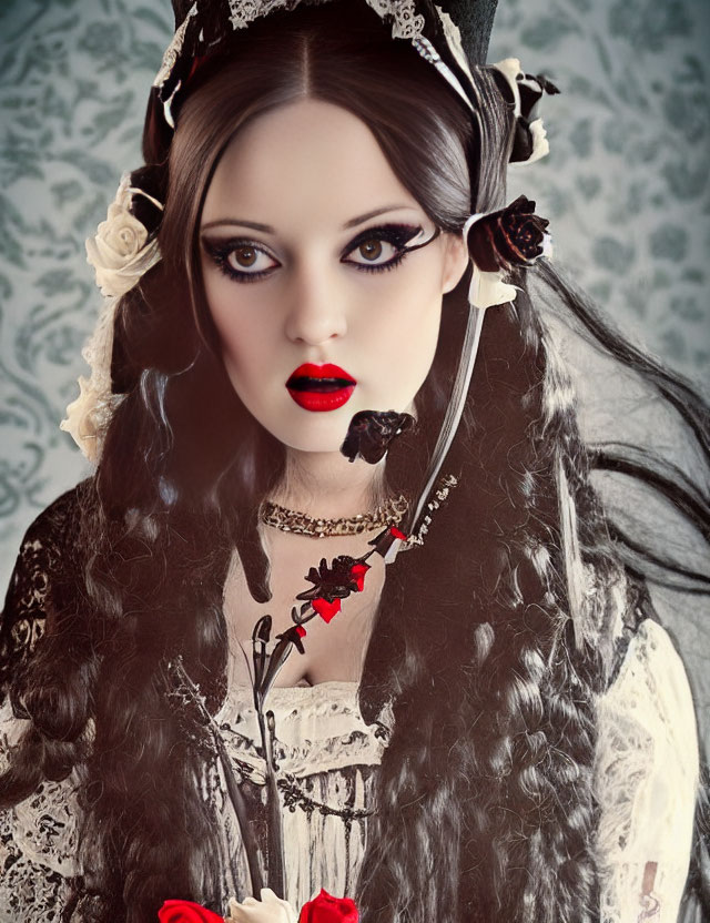 Gothic woman in lace dress with red lipstick and ornate headpiece