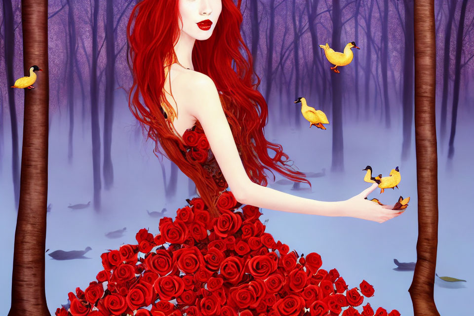 Red-Haired Woman in Rose Dress Surrounded by Yellow Birds in Purple Forest