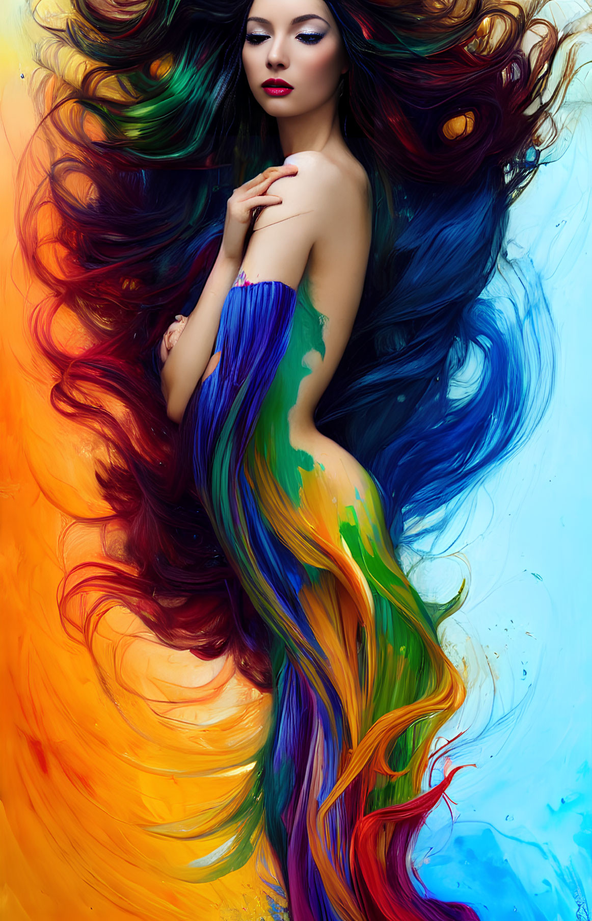 Colorful Woman with Flowing Rainbow Hair on Blue Background