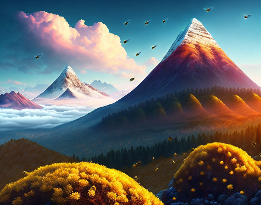 Colorful digital artwork: snowy mountains, cloud sea, yellow flora, heart-shaped clouds, flying islands