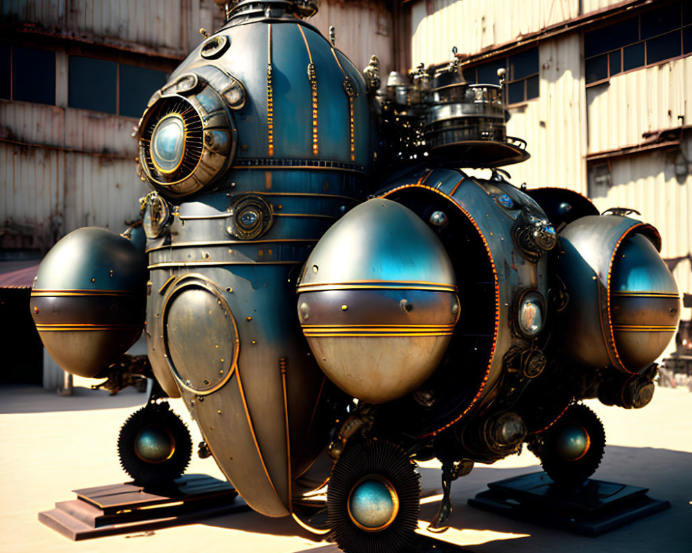 Steampunk-style submarine with spherical chambers and ornate metalwork on display