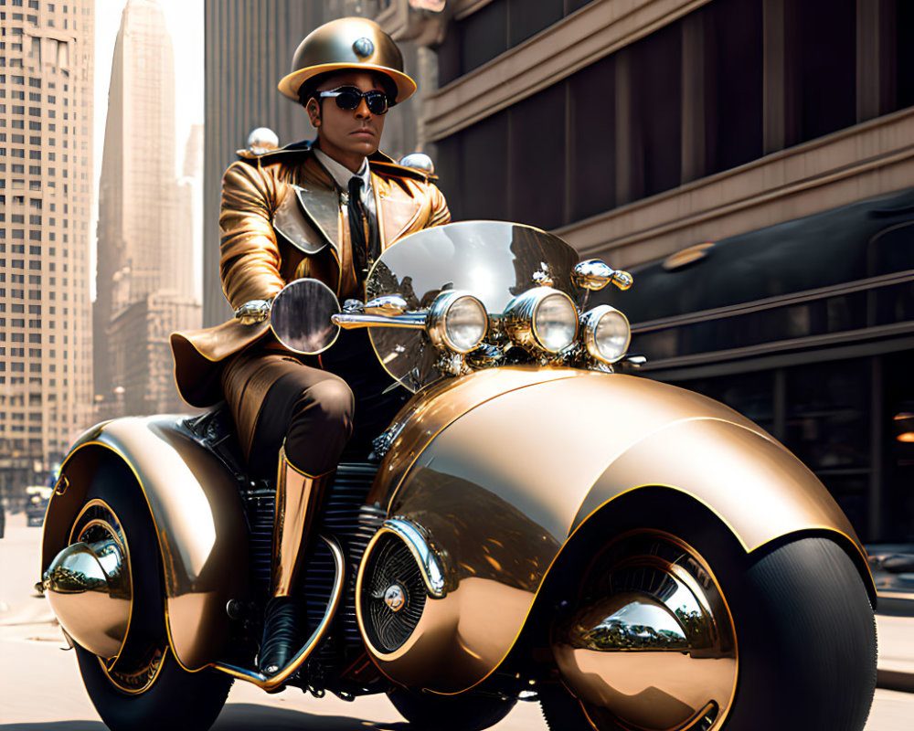Futuristic three-wheeled motorcycle rider in gold and black outfit