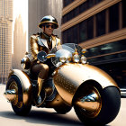 Futuristic three-wheeled motorcycle rider in gold and black outfit