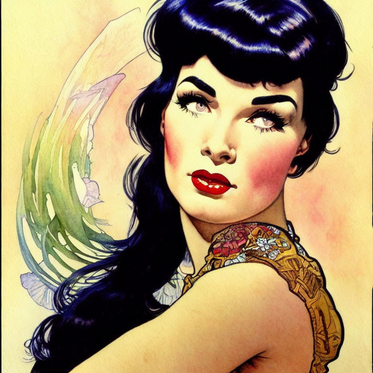 Dark-haired woman with red lipstick and tattoo, fairy wing in background