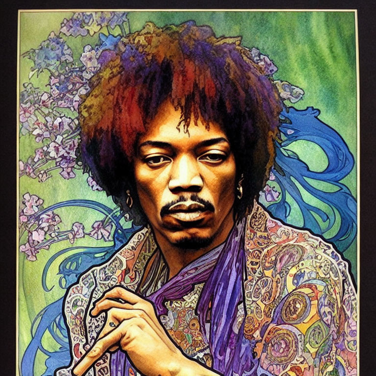 Vibrant illustration of person with iconic afro and purple scarf