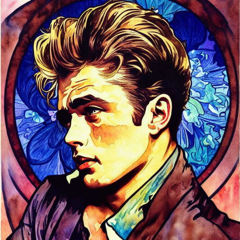 Stylized illustration of a man with quiff hairstyle in stained glass motif