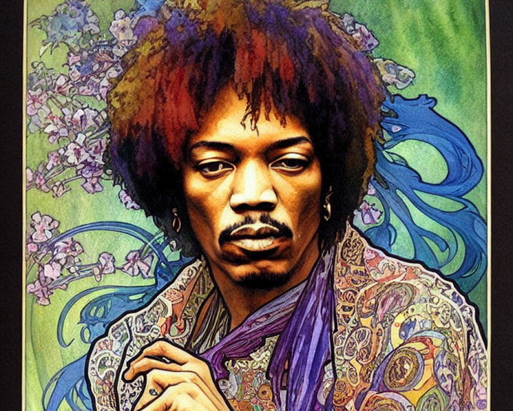 Vibrant illustration of person with iconic afro and purple scarf