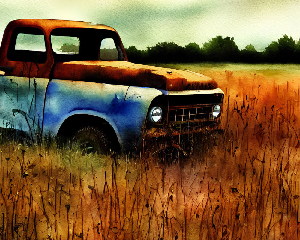 Vintage truck watercolor illustration in field with tall grass and orange-tinged sky