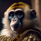 Regal monkey in golden headwear and clothing on dark backdrop