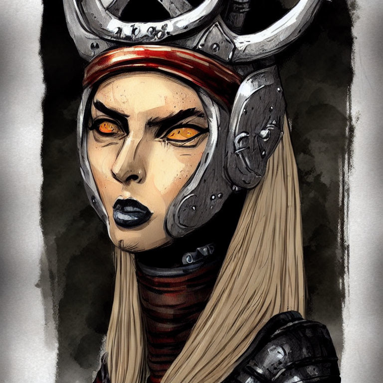 Fierce woman in horned helmet and armor with orange eyes on gray background